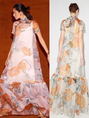 STAUD Calluna Poppy Floral Print Organza Tie Back Maxi Gown Dress